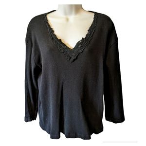 Jones New York Sport Black Sweater V Neck Long Sleeves Lace Pullover Sz.L